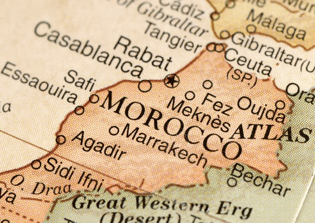 Map of Morocco highlighting key cities and regions for travel.
